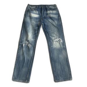 MNML Jeans Men 32 Blue Wash Straight Leg Distressed Work Retro Button Fly